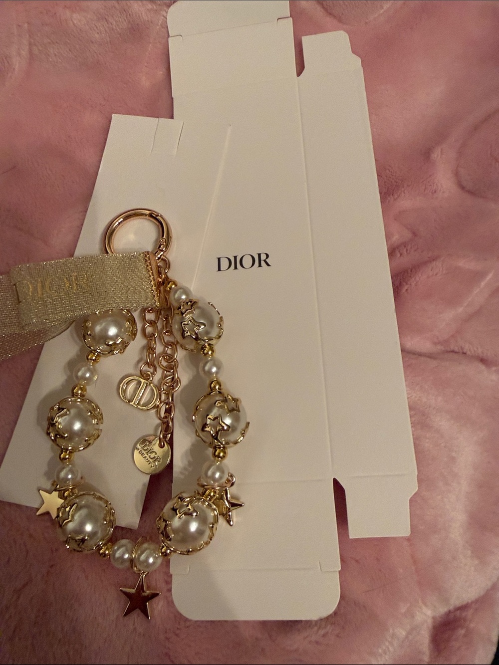 Dior Gold and Pearl Star Charm Key Chain/Purse Charm with Branded Ribbon